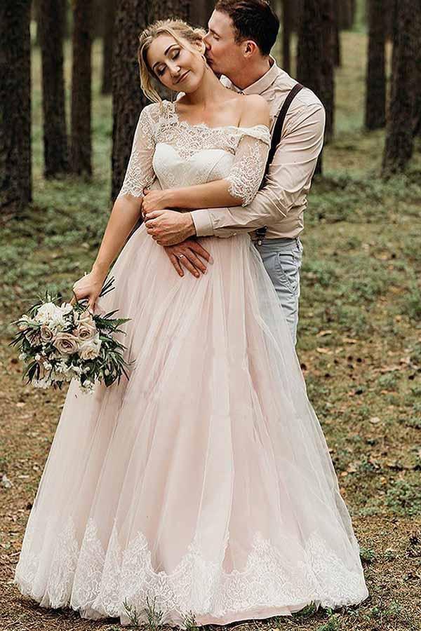 Rosa, rückenfreies, bodenlanges Brautkleid mit halben Ärmeln und Schnürung