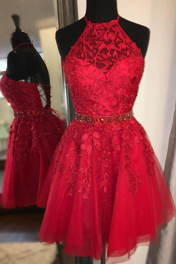 Halter Appliqued Yellow Homecoming Dress Short Prom Dress with Beading Belt