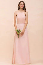 Abito da damigella d'onore rosa con spalline, lungo fino al pavimento, per eventi formali