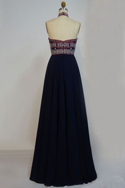 Vestidos de fiesta negros con flores bordadas, corte A y cuello halter hasta el suelo