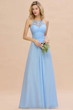 Abito da damigella in chiffon a linea ad A con pizzo floreale, senza maniche, con volant, abito per invitata al matrimonio