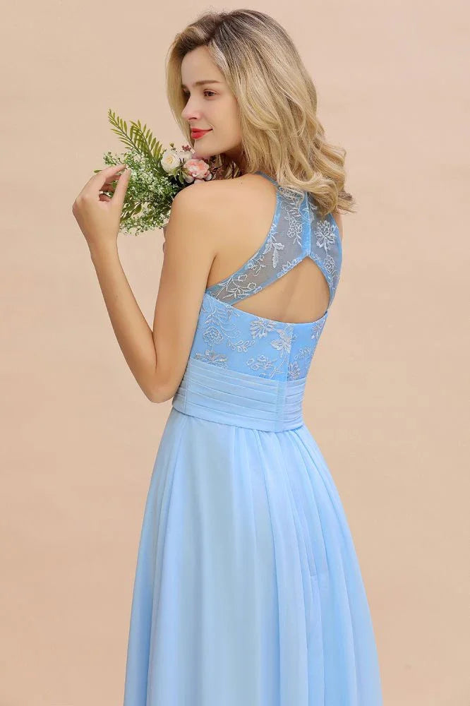 Abito da damigella in chiffon a linea ad A con pizzo floreale, senza maniche, con volant, abito per invitata al matrimonio