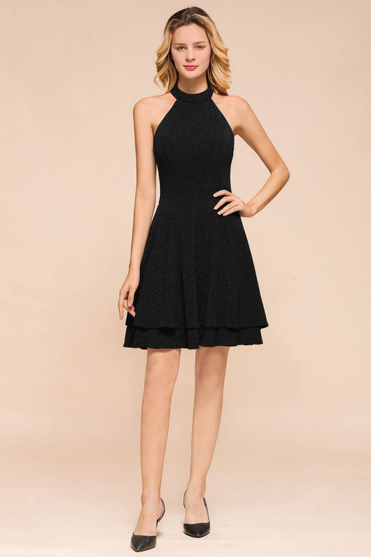 Vestido de noche de seda verde oscuro brillante sin mangas hasta la rodilla con cuello halter