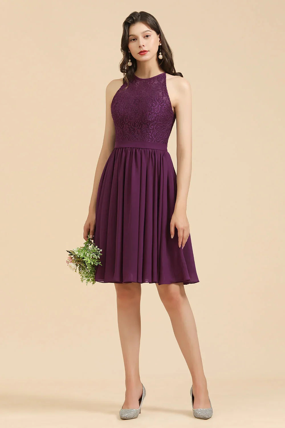 Halter Lace Bridesmaid Dress Chiffon Sleeveless Short Dress