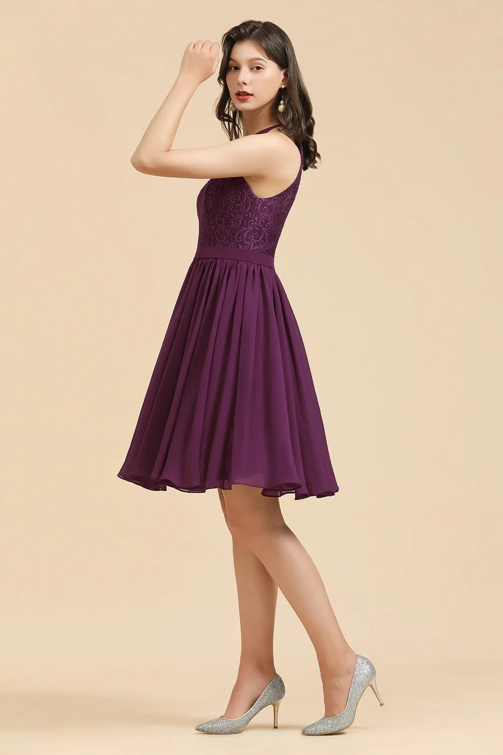 Halter Lace Bridesmaid Dress Chiffon Sleeveless Short Dress