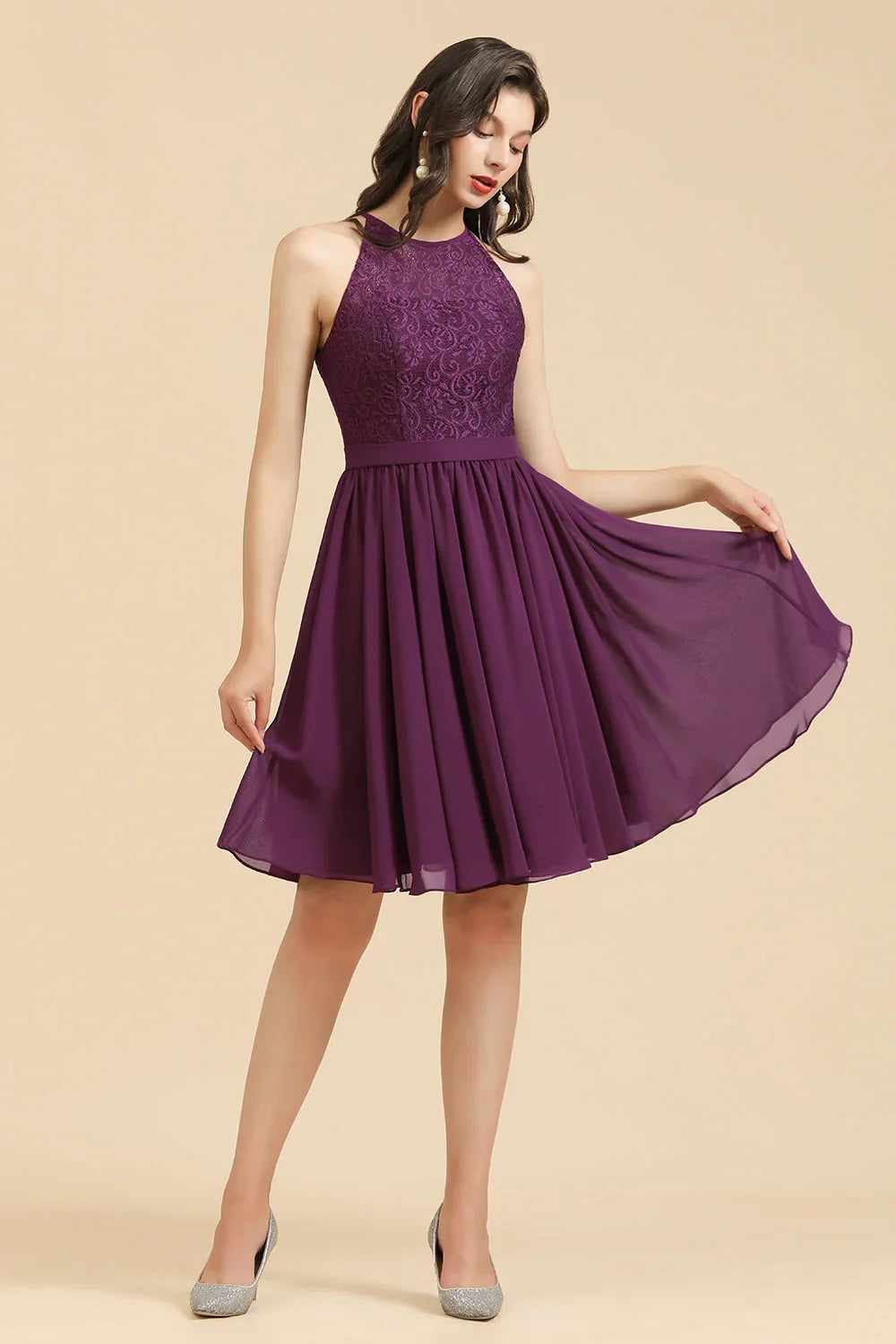 Halter Lace Bridesmaid Dress Chiffon Sleeveless Short Dress