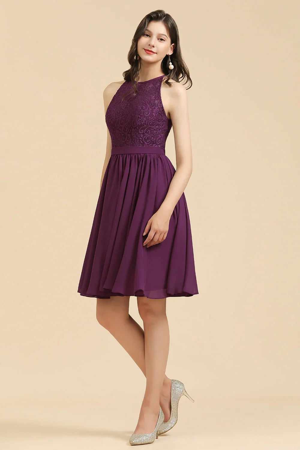 Halter Lace Bridesmaid Dress Chiffon Sleeveless Short Dress