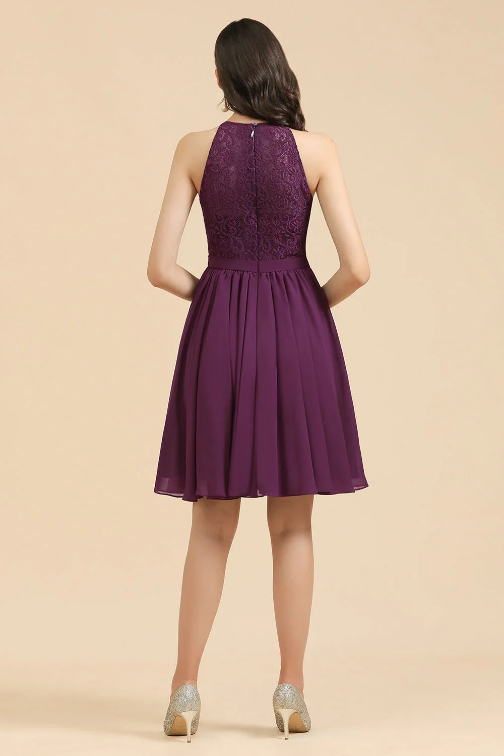 Halter Lace Bridesmaid Dress Chiffon Sleeveless Short Dress
