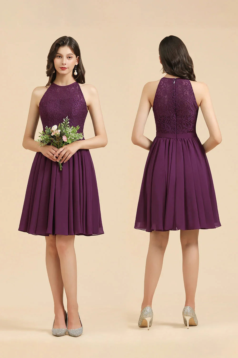 Halter Lace Bridesmaid Dress Chiffon Sleeveless Short Dress