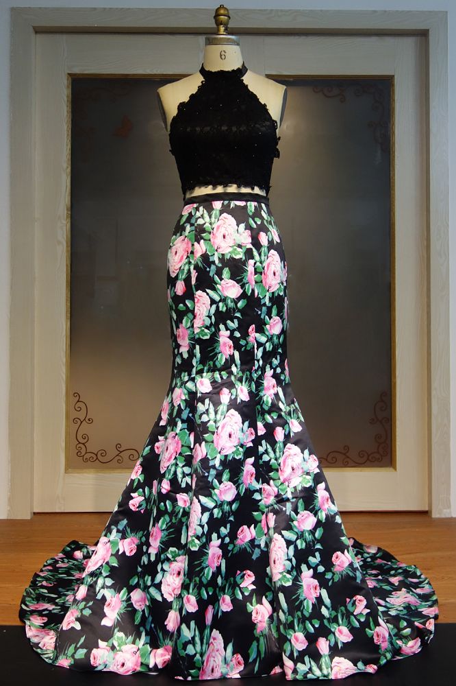 Vestido de fiesta de dos piezas con cuello halter, corte sirena, top de encaje y estampado floral