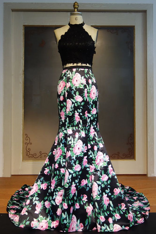 Vestido de fiesta de dos piezas con cuello halter, corte sirena, top de encaje y estampado floral