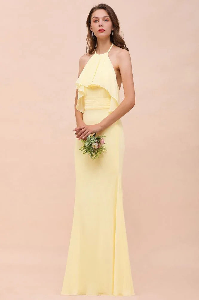 Abito da damigella a sirena con spalline in chiffon per ragazze, giallo, lungo fino al pavimento, abito da sposa da spiaggia