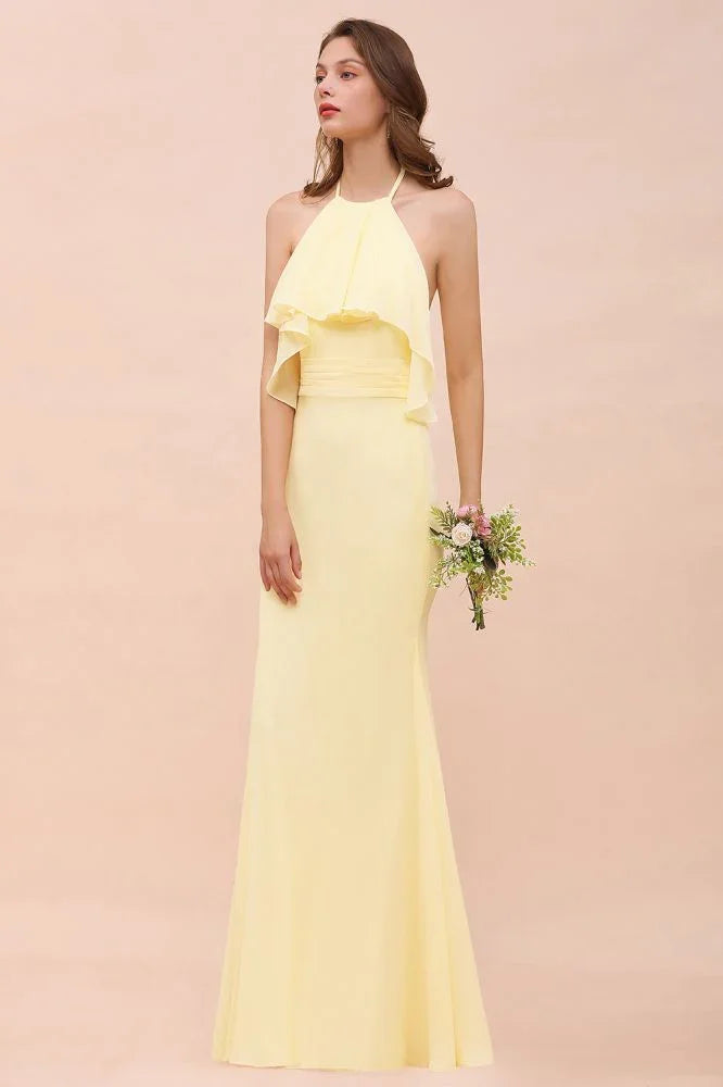Robe de demoiselle d'honneur pour fille en mousseline jaune, longueur au sol, style sirène, pour mariage à la plage