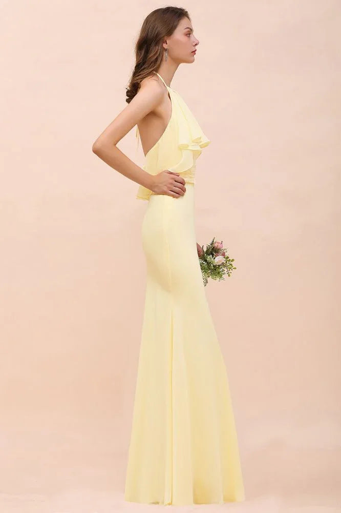 Abito da damigella a sirena con spalline in chiffon per ragazze, giallo, lungo fino al pavimento, abito da sposa da spiaggia