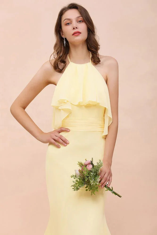 Abito da damigella a sirena con spalline in chiffon per ragazze, giallo, lungo fino al pavimento, abito da sposa da spiaggia