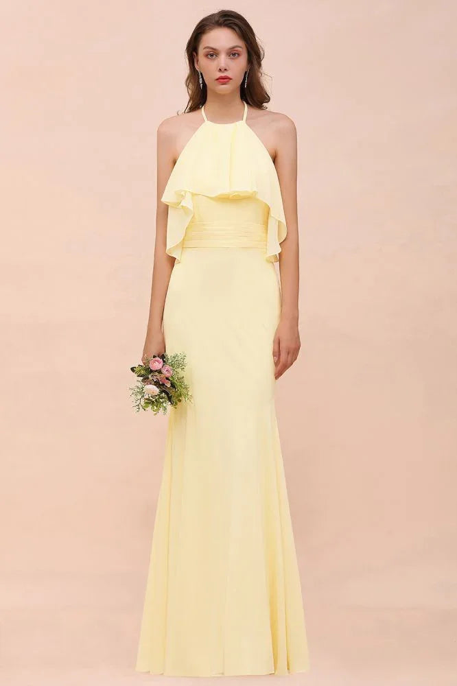 Abito da damigella a sirena con spalline in chiffon per ragazze, giallo, lungo fino al pavimento, abito da sposa da spiaggia