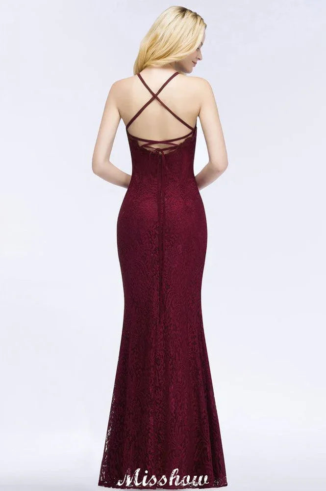 Robe de soirée sirène à col licou, longueur au sol, en dentelle bordeaux, robes de demoiselle d'honneur