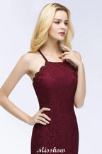 Robe de soirée sirène à col licou, longueur au sol, en dentelle bordeaux, robes de demoiselle d'honneur