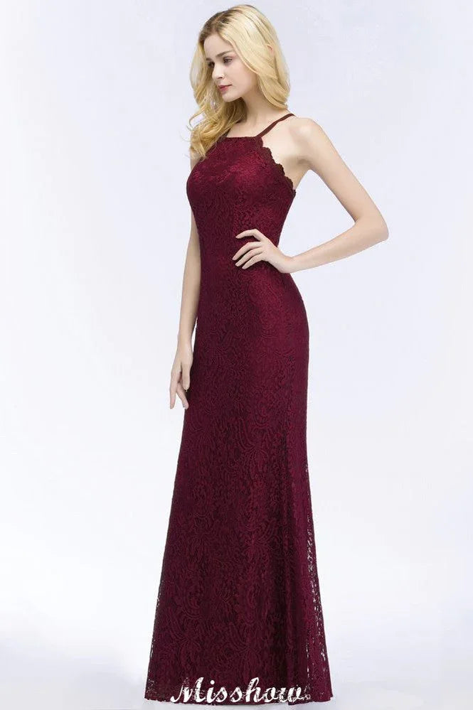 Robe de soirée sirène à col licou, longueur au sol, en dentelle bordeaux, robes de demoiselle d'honneur