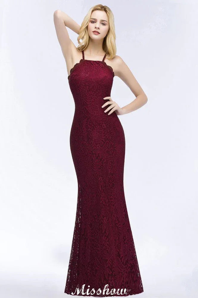 Robe de soirée sirène à col licou, longueur au sol, en dentelle bordeaux, robes de demoiselle d'honneur