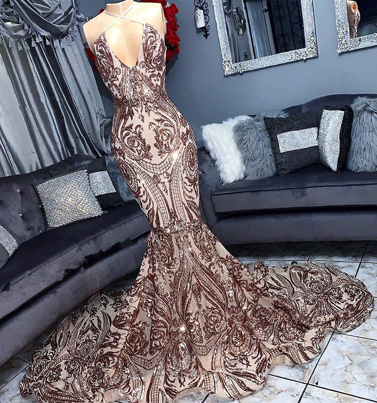 Vestido de Festa Longo de Sereia com Lantejoulas, Sem Mangas e Alças Halter