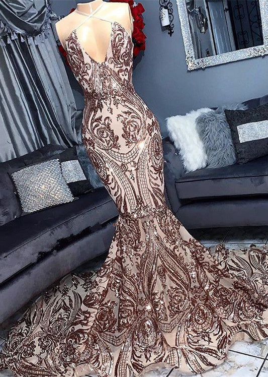 Neckholder Pailletten Meerjungfrau Ballkleid Ärmellos Lange Partykleider