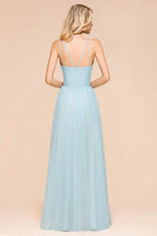 Abito da damigella d'onore azzurro cielo lungo fino al pavimento, senza maniche, a linea ad A, da festa online