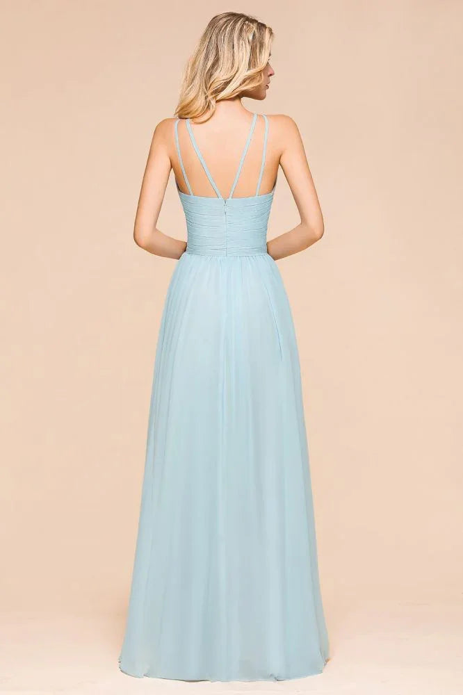 Robe de demoiselle d'honneur bleu ciel au sol Halter en ligne Robe de fête sans manches en ligne A-line