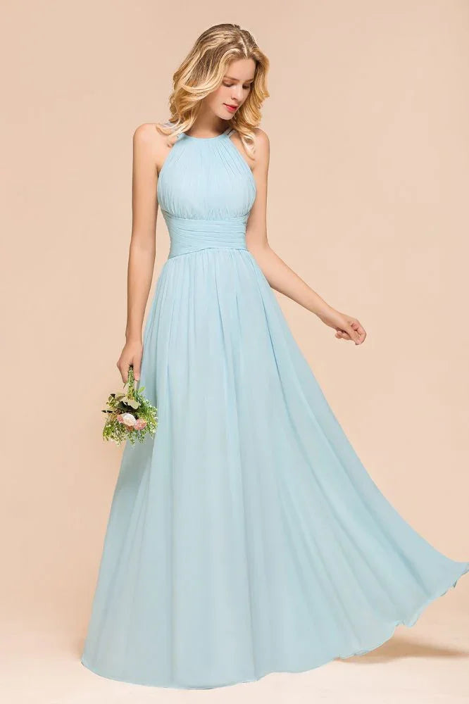 Abito da damigella d'onore azzurro cielo lungo fino al pavimento, senza maniche, a linea ad A, da festa online