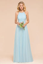 Abito da damigella d'onore azzurro cielo lungo fino al pavimento, senza maniche, a linea ad A, da festa online