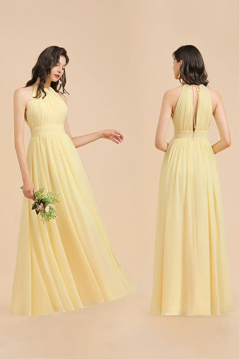 Abito da damigella d'onore in chiffon giallo narciso senza maniche con collo a fascia e balze