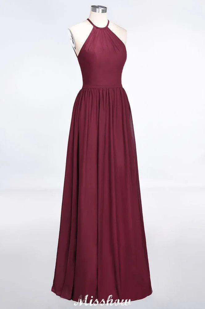 Robe de demoiselle d'honneur longue jusqu'au sol sans manches à col licou avec volants