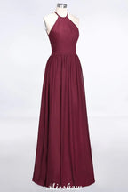 Robe de demoiselle d'honneur longue jusqu'au sol sans manches à col licou avec volants