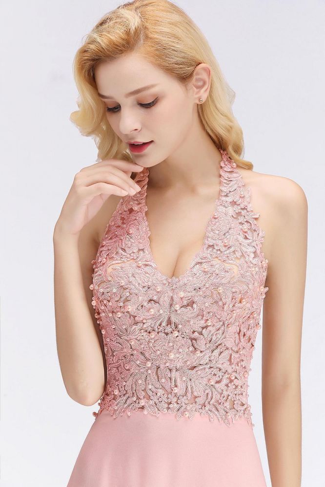 Vestido de fiesta de noche con cuello halter, sin mangas, con apliques florales, largo hasta el suelo, para dama de honor