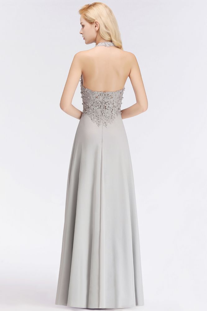 Vestido de fiesta de noche con cuello halter, sin mangas, con apliques florales, largo hasta el suelo, para dama de honor