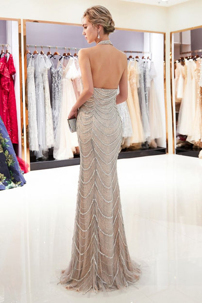 Vestido de noche largo estilo sirena con lentejuelas y cuello halter sin mangas