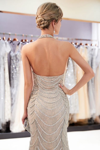 Vestido de noche largo estilo sirena con lentejuelas y cuello halter sin mangas