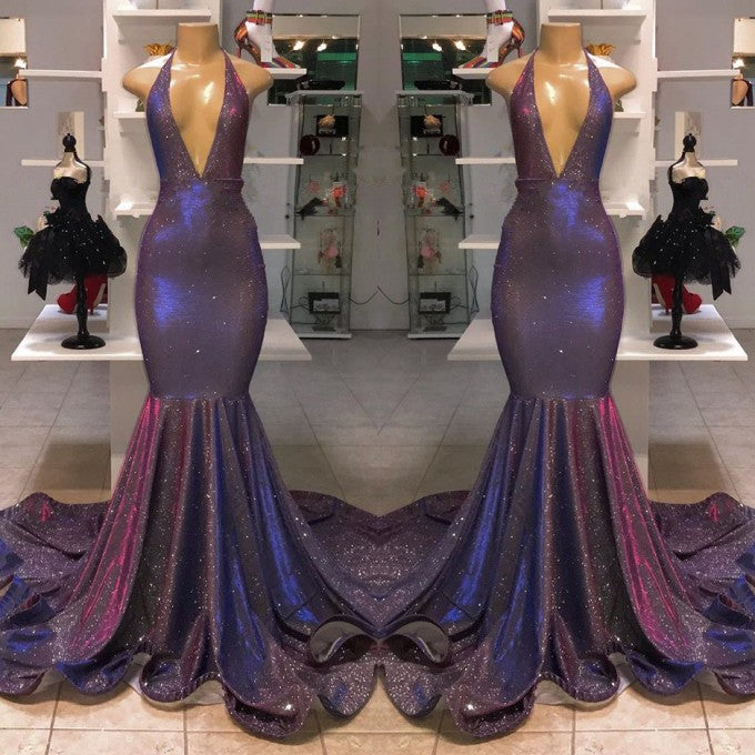 Vestido de fiesta de sirena sin mangas con cuello halter