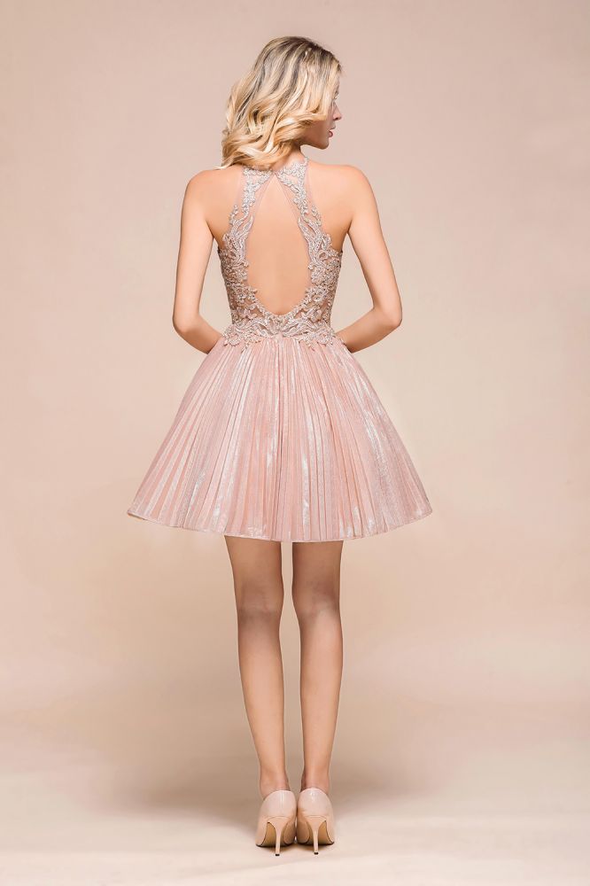 Halter Sparkly Short Homecoming Dress Floral Lace Aline Prom Dress Knee Length