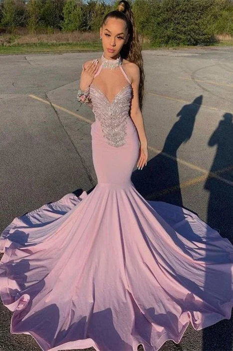 Halter Neck Perlenbesetztes Ärmelloses Bodenlanges Meerjungfrauen-Abendkleid