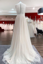 Halter Neck Tulle Ivory Lace Backless A Line Wedding Dress With Sweep Train