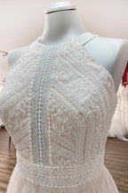 Halter Neck Tulle Ivory Lace Backless A Line Wedding Dress With Sweep Train