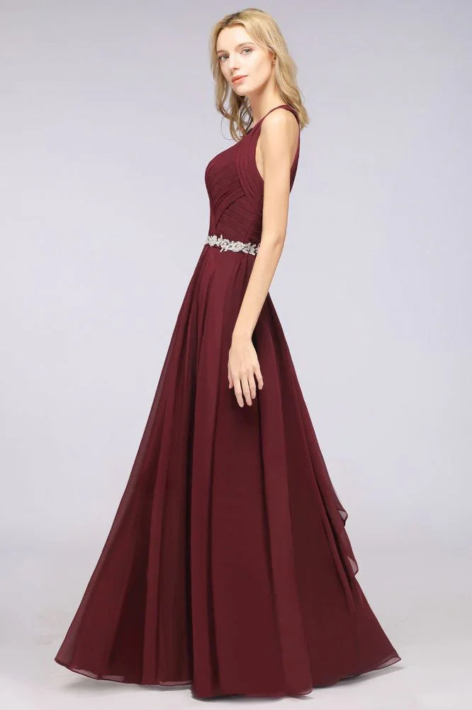 Abito da damigella con scollo a V, senza maniche, con volant, applicazioni, cinture e gonna ampia da sera