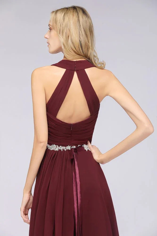 Abito da damigella con scollo a V, senza maniche, con volant, applicazioni, cinture e gonna ampia da sera