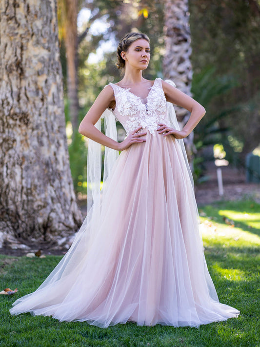 Vestido de fiesta con escote en V, encaje, tul, tirantes con lazo y cola larga
