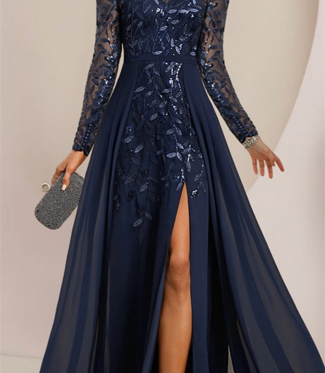 Floor-Length Mother Of The Bride A-Line Dress With Scoop Neck Sleeves Sequins