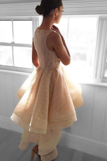 Vestido de fiesta corto de encaje color melocotón, corte asimétrico, PG142