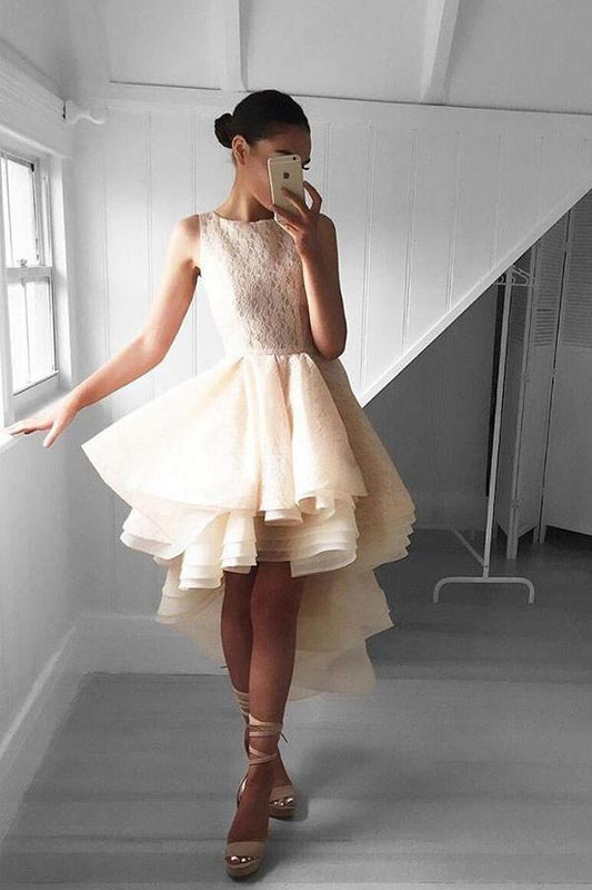 Vestido de fiesta corto de encaje color melocotón, corte asimétrico, PG142