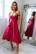 High Low Short Prom Dress with Pockets Off-Shoulder  Homecoming Dress
