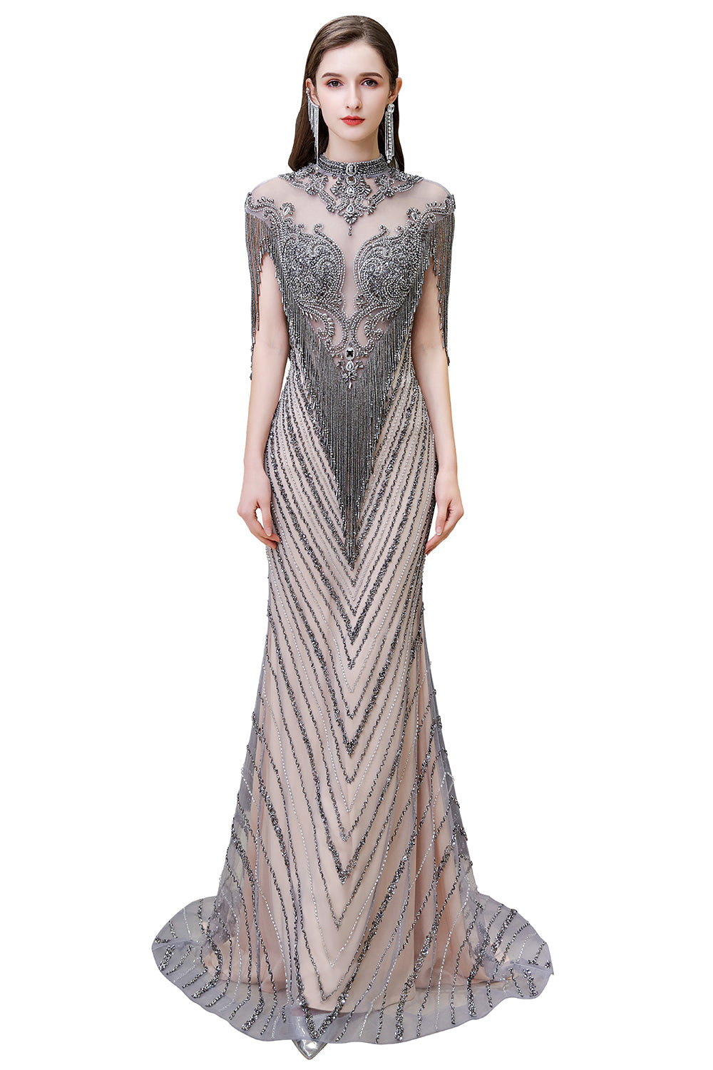 فساتين سهرة طويلة برقبة عالية وأكمام قصيرة مزينة بحبات لامعة